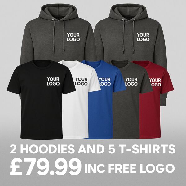 Hoodie & T-Shirt Bundle – 2 Hoodies + 5 Tees with Free Logo Thumbnail